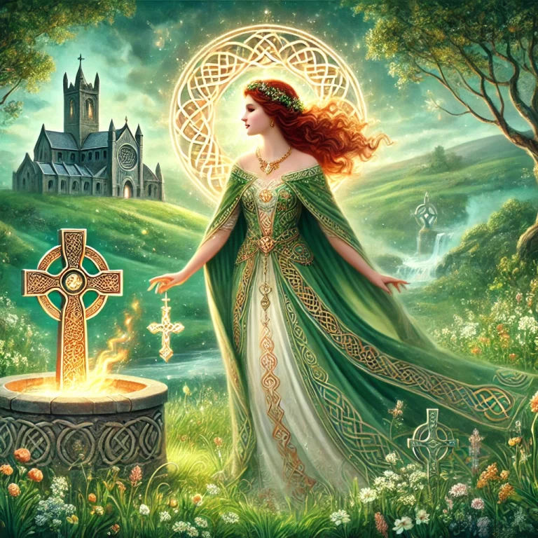 DALL·E 2024-12-12 14.00.55 - A mystical and serene illustration depicting Brigid, blending her roles as a Celtic goddess and Catholic saint. She stands gracefully in a lush, green