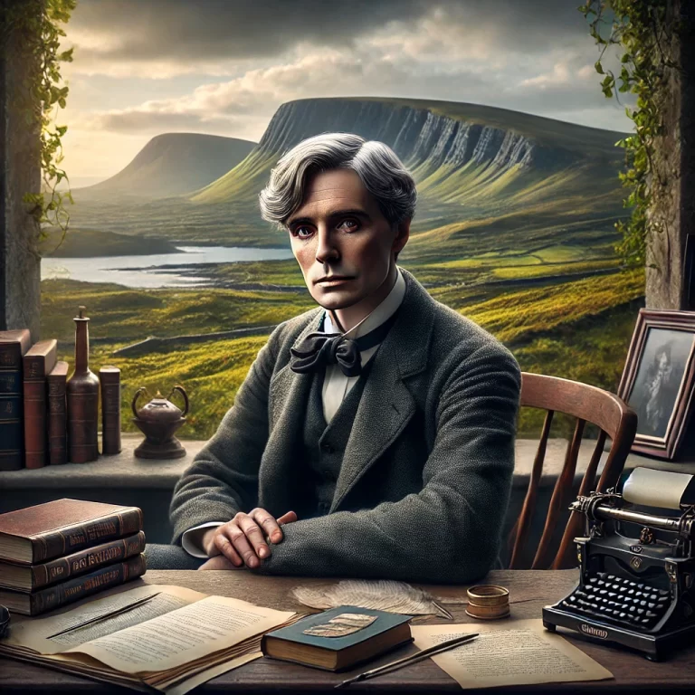 DALL·E 2024-12-12 14.10.19 - A highly realistic and detailed portrait of William Butler Yeats, the Irish poet, depicted sitting thoughtfully in a tranquil Irish landscape. He is s