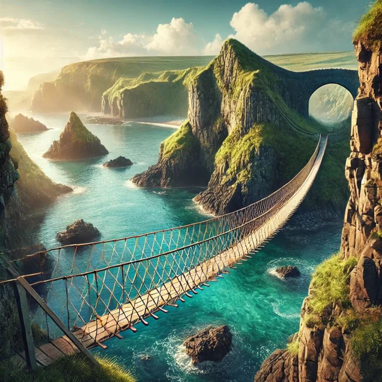 DALL·E 2024-12-12 14.15.35 - A highly realistic and detailed image of the Carrick-a-Rede Rope Bridge in County Antrim, Northern Ireland. The scene showcases the iconic rope bridge