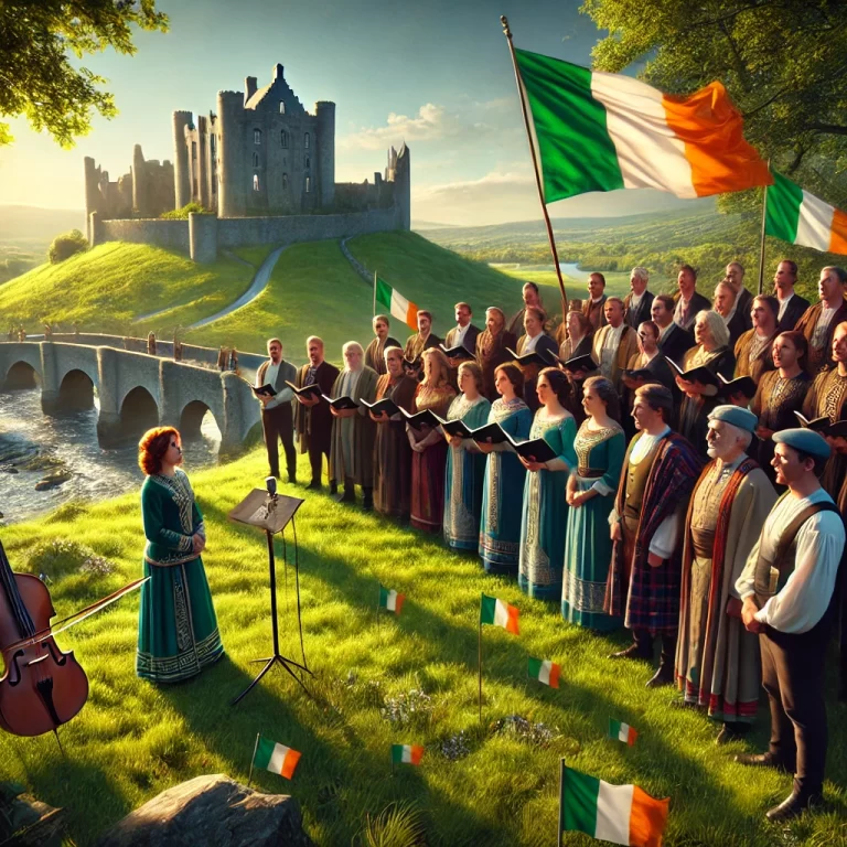 DALL·E 2024-12-12 14.21.40 - A realistic and vibrant depiction of a ceremonial moment with a choir singing Ireland's national anthem, Amhrán na bhFiann. The scene captures a group