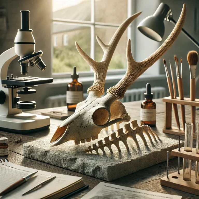 DALL·E 2024-12-12 14.25.53 - A realistic depiction of a prehistoric reindeer bone with visible butchery marks displayed on a research table in a modern archaeological lab. The bac