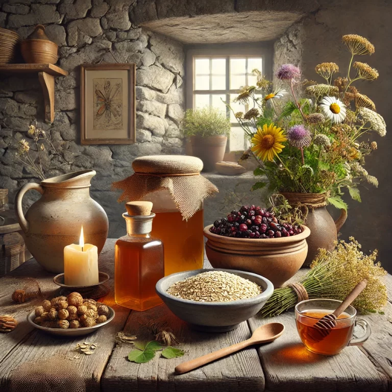 DALL·E 2024-12-12 14.30.53 - A realistic depiction of a rustic Irish kitchen table filled with natural ingredients used in ancient remedies. The table features a jar of honey, a b