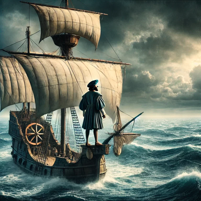 DALL·E 2024-12-12 14.43.33 - A realistic depiction of a 15th-century sailing ship at sea with an Irish sailor on board, symbolizing Patrick Maguire, who sailed with Christopher Co