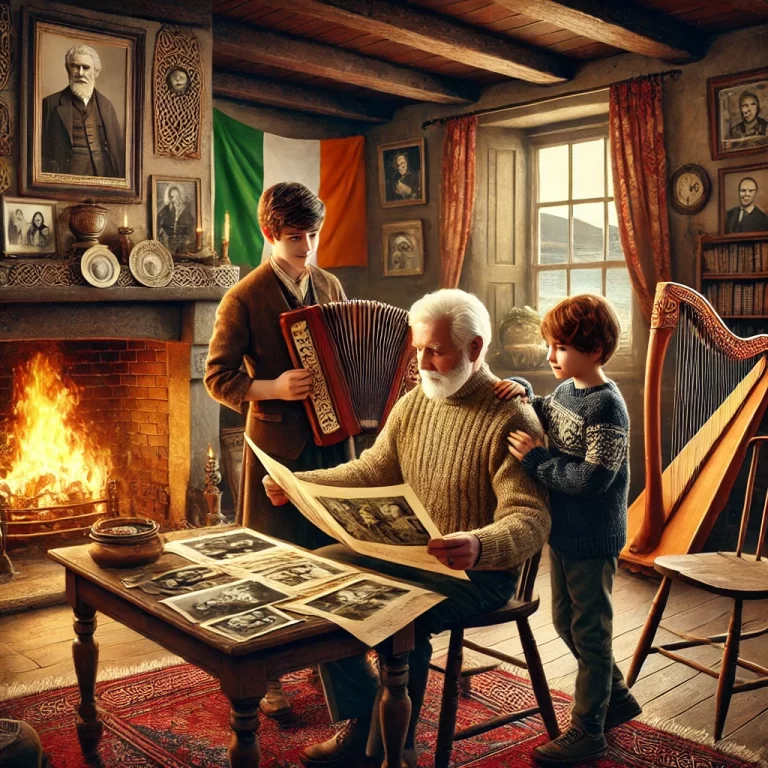 DALL·E 2024-12-12 15.37.36 - A realistic depiction of an Irish family tracing their ancestry in a cozy, traditional Irish cottage. The scene includes an older family member showin