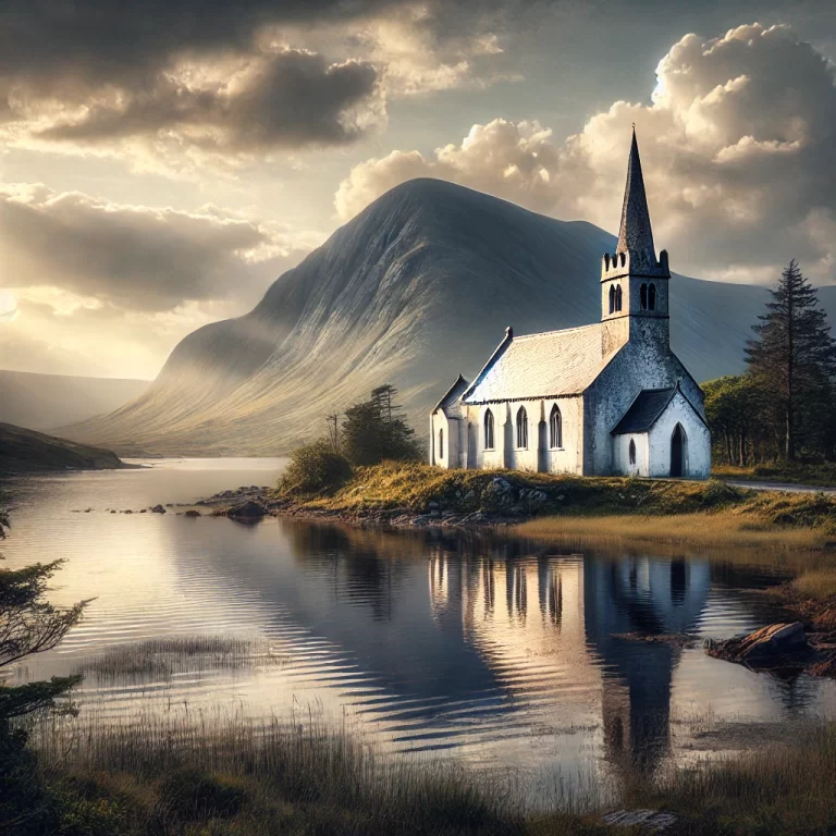DALL·E 2024-12-12 15.43.44 - A realistic depiction of the Old Church of Dunlewey in County Donegal, Ireland. The scene showcases the abandoned white Gothic-style church set agains