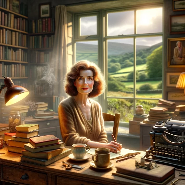 DALL·E 2024-12-12 15.59.10 - A realistic depiction of Maeve Binchy, Ireland's beloved author, sitting at a wooden desk in a cozy writing nook. She is surrounded by bookshelves fil