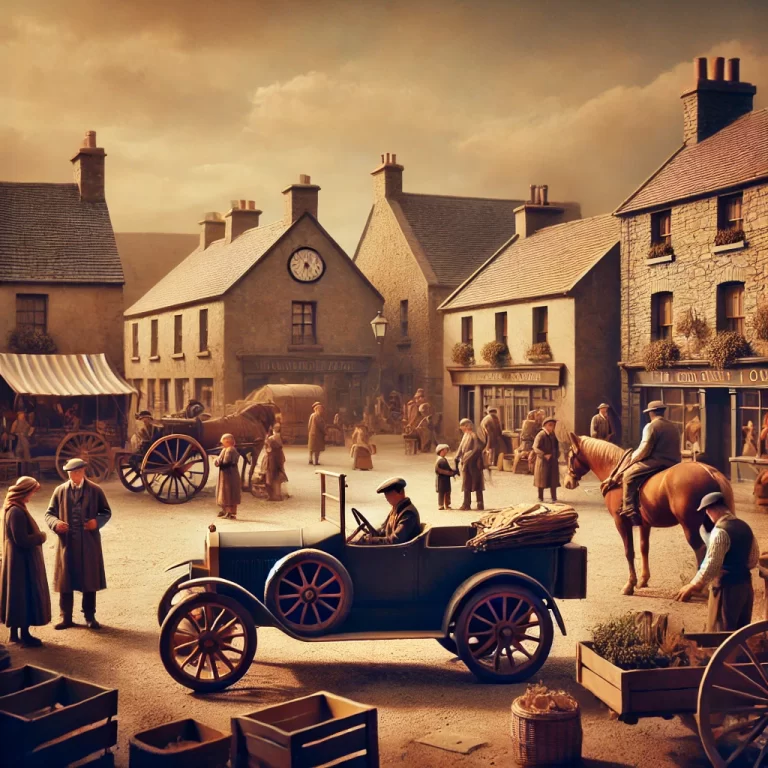 DALL·E 2024-12-12 16.25.27 - A realistic and evocative depiction of 1950s Ireland captured as if on vintage film. The scene features a bustling rural market square with traditiona