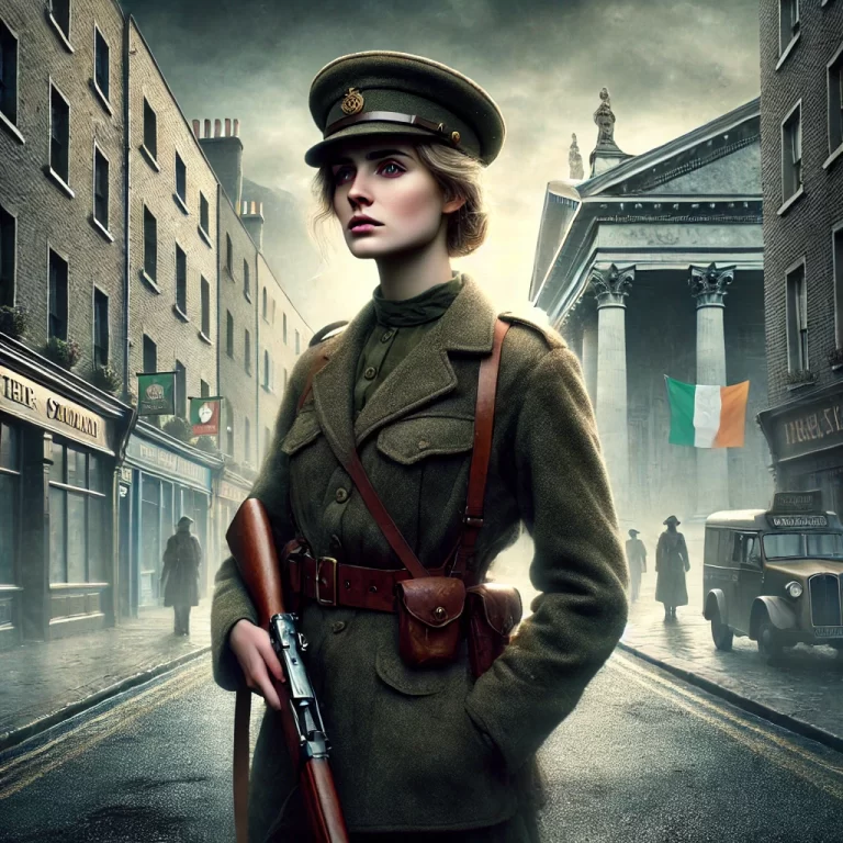 DALL·E 2024-12-12 16.30.54 - A realistic and powerful depiction of Countess Constance Markievicz, the Irish revolutionary, standing in a 1916-era Dublin street. She is dressed in