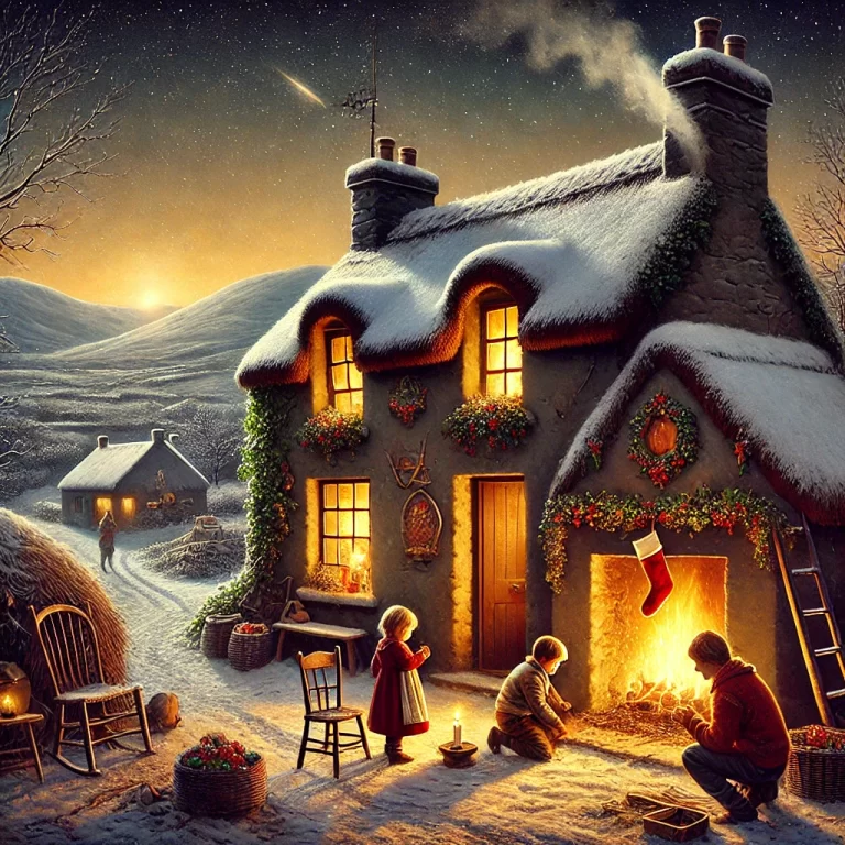 DALL·E 2024-12-12 16.36.51 - A nostalgic and realistic depiction of a child's Christmas in a West Kerry village, Ireland. The scene showcases a cozy rural cottage with a warm glow