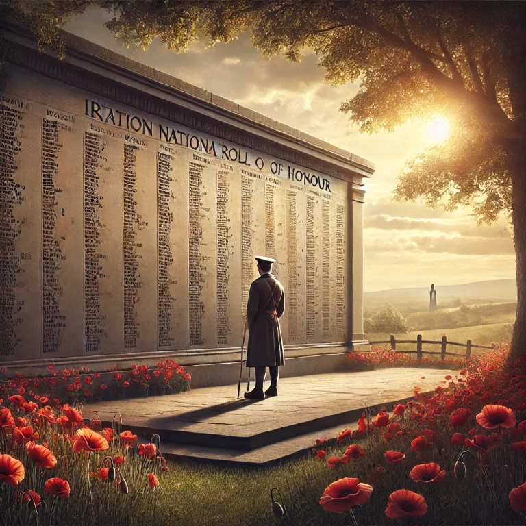 DALL·E 2024-12-12 17.08.37 - A solemn and realistic depiction of Ireland's National Roll of Honour for World War One. The scene showcases a historical memorial wall engraved with