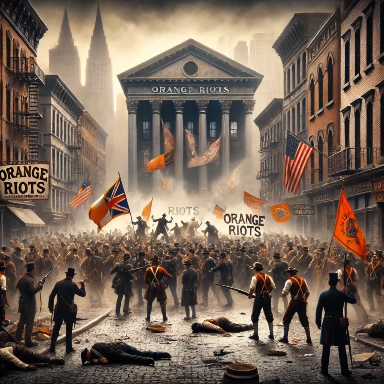 DALL·E 2024-12-12 17.14.23 - A realistic depiction of the Orange Riots of the 1870s in New York City. The scene captures a chaotic street clash between Irish Catholic protesters a