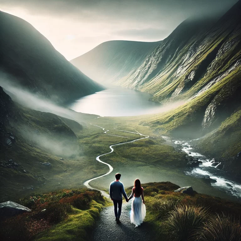 DALL·E 2024-12-15 11.12.33 - A romantic scene in Ireland featuring a couple exploring a misty valley surrounded by towering green mountains and glistening lakes, inspired by the D