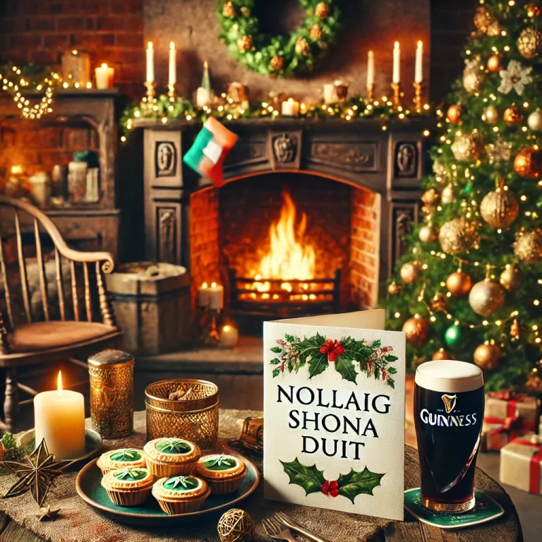 DALL·E 2024-12-15 13.49.45 - A cozy Irish Christmas scene featuring a warm, traditional living room with a roaring fireplace, a beautifully decorated Christmas tree, and Irish hol