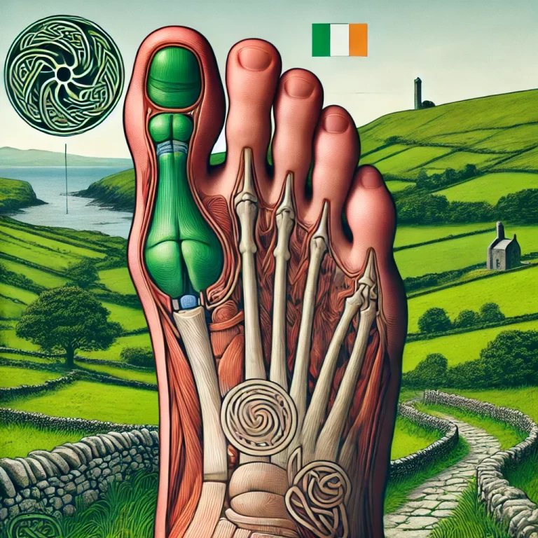 DALL·E 2024-12-15 14.40.41 - A detailed illustration focusing on a foot with a unique Irish little toe, slightly smaller and tucked under the adjacent toe, set against a backdrop