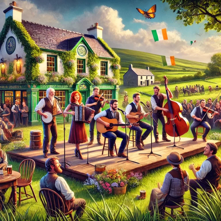 DALL·E 2024-12-15 15.17.59 - A vibrant and heartwarming scene featuring Irish country music singers performing on a rustic stage in a lively countryside setting. The stage is surr