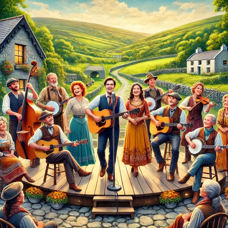 DALL·E 2024-12-15 15.30.35 - A lively and heartwarming scene featuring a group of Irish country music singers performing on a rustic stage in the Irish countryside. The performers