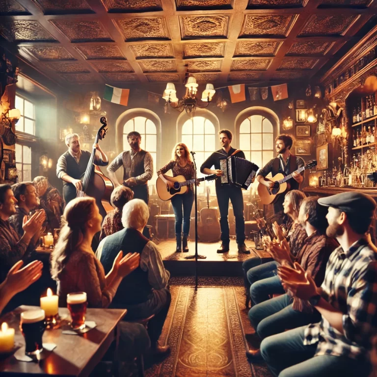 DALL·E 2024-12-15 15.40.09 - A captivating scene of Irish country music artists performing on a cozy stage in a traditional Irish pub. The performers include both male and female