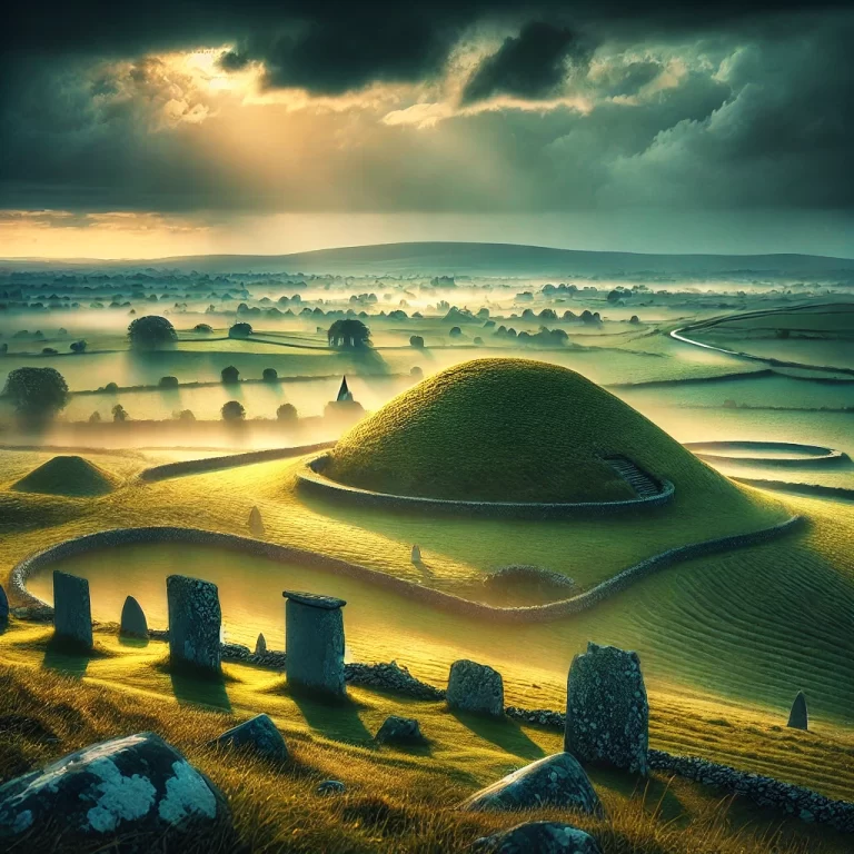 DALL·E 2024-12-15 17.38.18 - A majestic and atmospheric scene of the Hill of Tara in Ireland, showcasing its rolling green landscape with ancient stone monuments and earthworks un