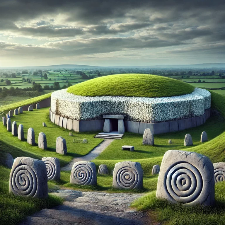 DALL·E 2024-12-15 17.44.05 - A realistic depiction of Newgrange, the oldest historical site in Ireland. The scene shows the prehistoric passage tomb with its iconic white quartz s