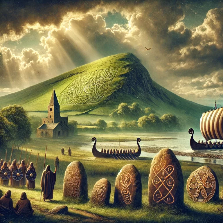 DALL·E 2024-12-15 18.01.42 - A detailed and atmospheric depiction of ancient Ireland from 1000 years ago, featuring the Hill of Tara surrounded by lush green fields under a dramat