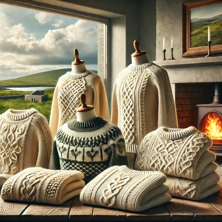 DALL·E 2024-12-16 10.04.15 - A realistic and detailed image showcasing a selection of Aran sweaters displayed on a wooden table in a cozy Irish setting. The sweaters feature tradi