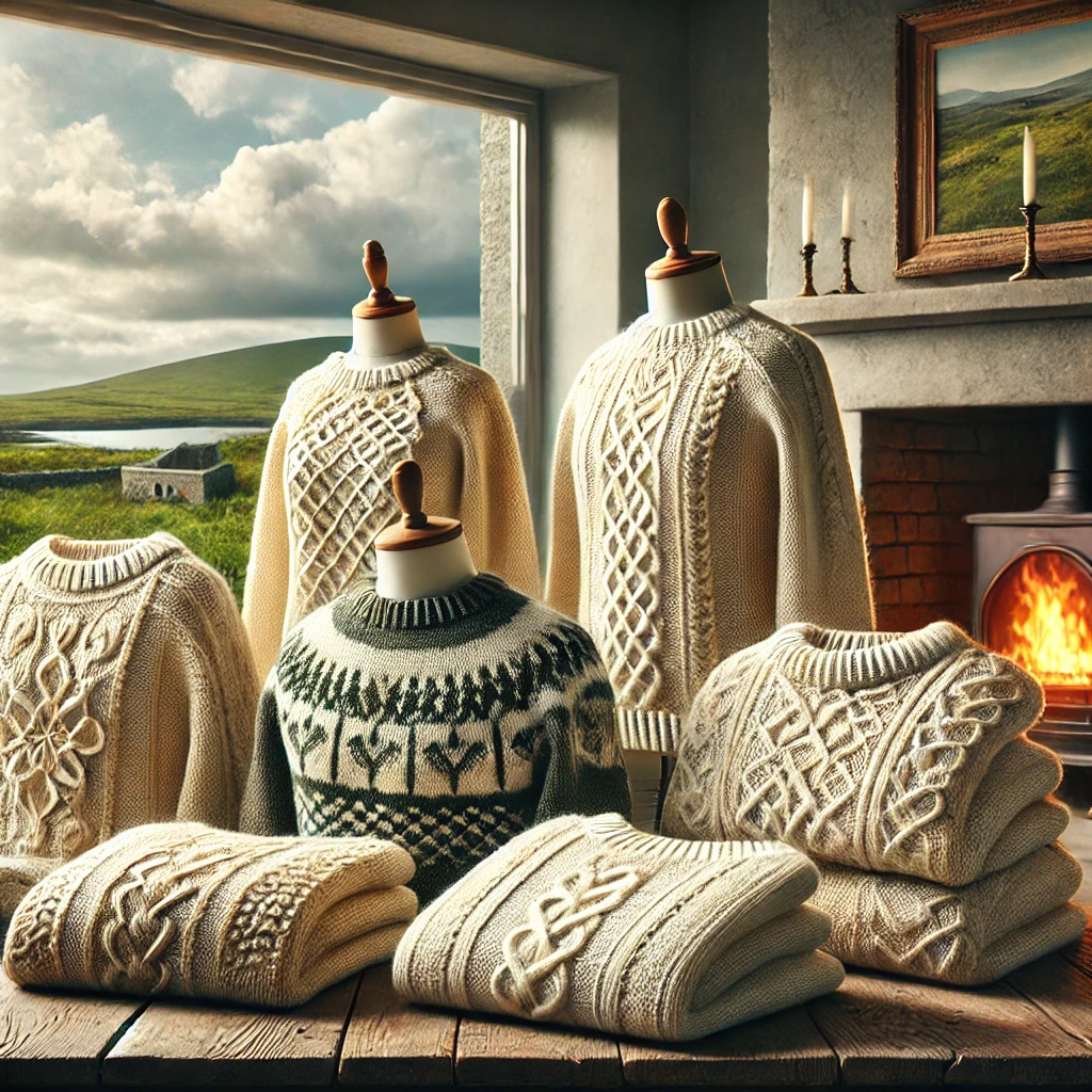 DALL·E 2024-12-16 10.04.15 - A realistic and detailed image showcasing a selection of Aran sweaters displayed on a wooden table in a cozy Irish setting. The sweaters feature tradi