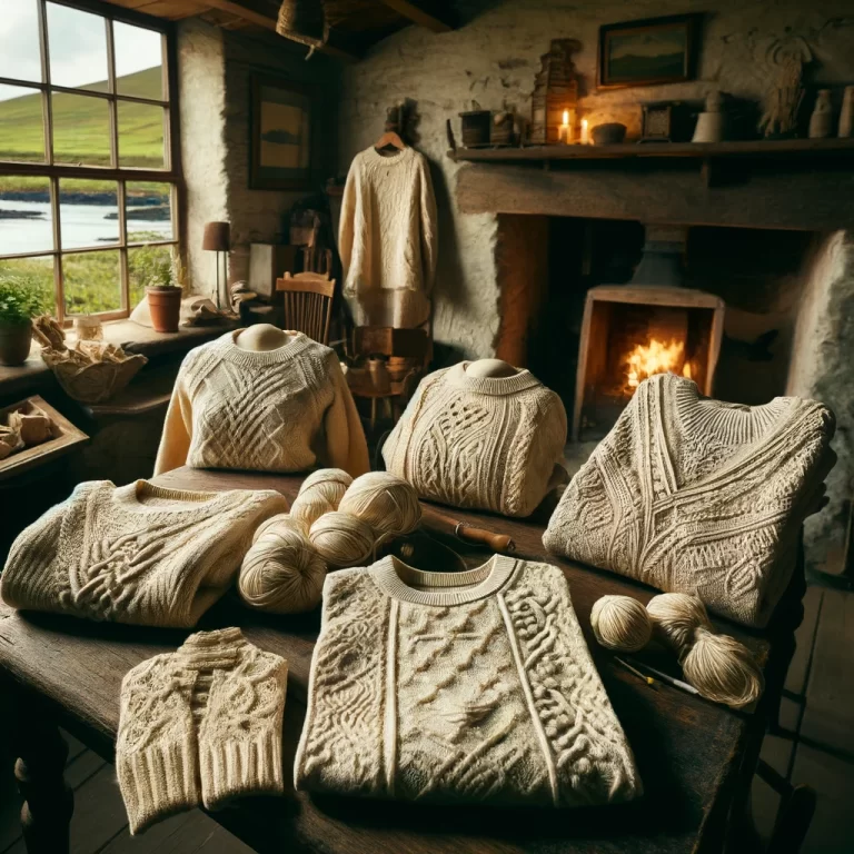 DALL·E 2024-12-16 10.08.54 - A cozy and detailed scene showcasing a selection of authentic Aran sweaters displayed in a traditional Irish cottage. The sweaters feature intricate p