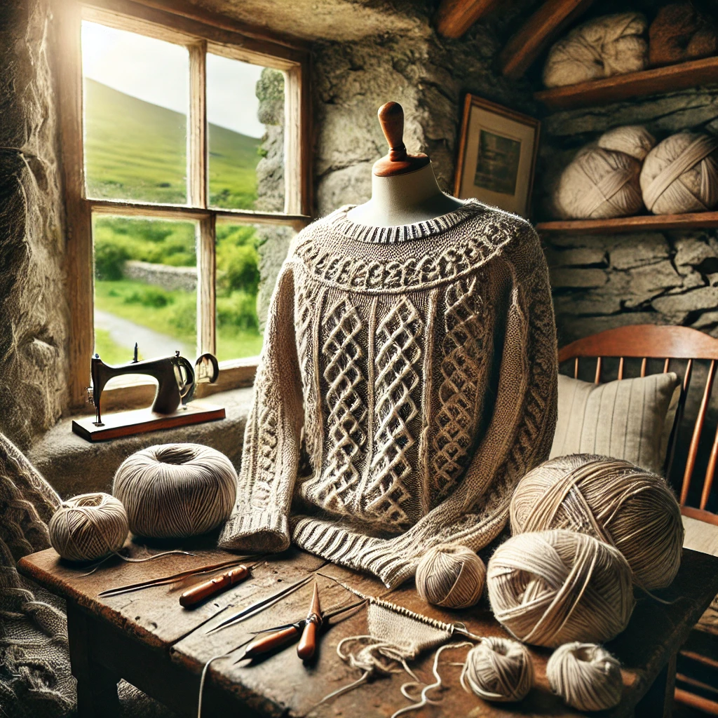 DALL·E 2024-12-16 10.30.29 - A detailed and cozy image showcasing a beautifully preserved Aran sweater, placed neatly on a rustic wooden table surrounded by natural wool, knitting