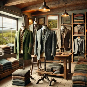 DALL·E 2024-12-16 10.42.51 - A realistic and detailed image of Irish tweed garments displayed in a cozy Donegal shop. The scene includes a variety of Irish tweed jackets, blazers,