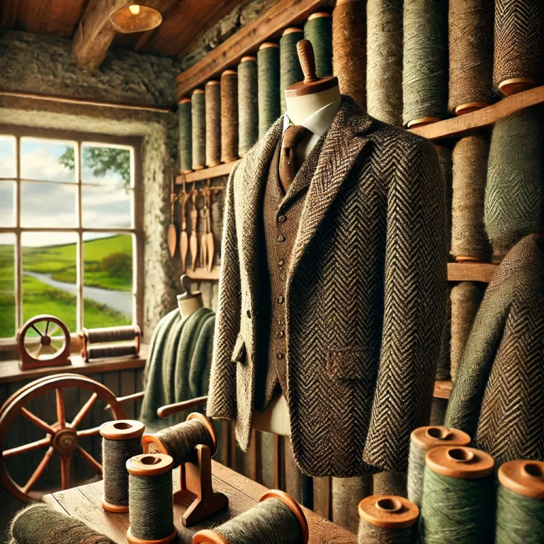 DALL·E 2024-12-16 10.48.38 - A realistic and detailed image of a beautifully crafted Irish tweed jacket and suit displayed on a rustic wooden rack in a cozy Donegal shop. The garm