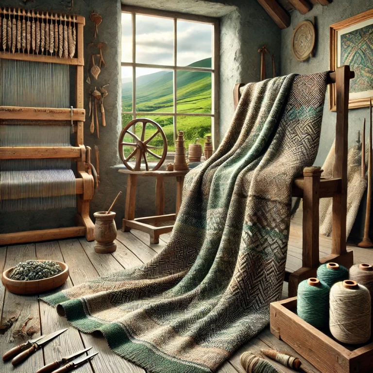 DALL·E 2024-12-16 10.56.43 - A realistic and detailed image of a beautifully handwoven genuine Irish tweed fabric displayed in a cozy Donegal workshop. The fabric features classic