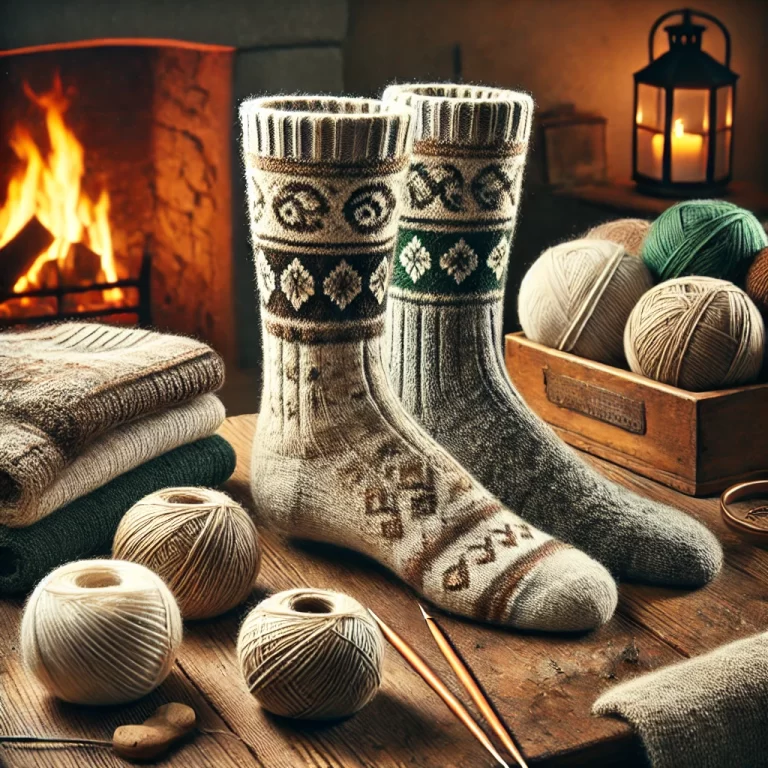 DALL·E 2024-12-16 11.27.59 - A realistic and detailed image of cozy Irish wool socks displayed in a warm, rustic setting. The socks feature traditional patterns and earthy tones l