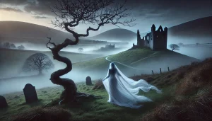 DALL·E 2024-12-21 11.11.27 - A hauntingly beautiful Irish countryside scene with mist-covered rolling hills, an ancient crumbling castle in the distance, and a spectral woman in a