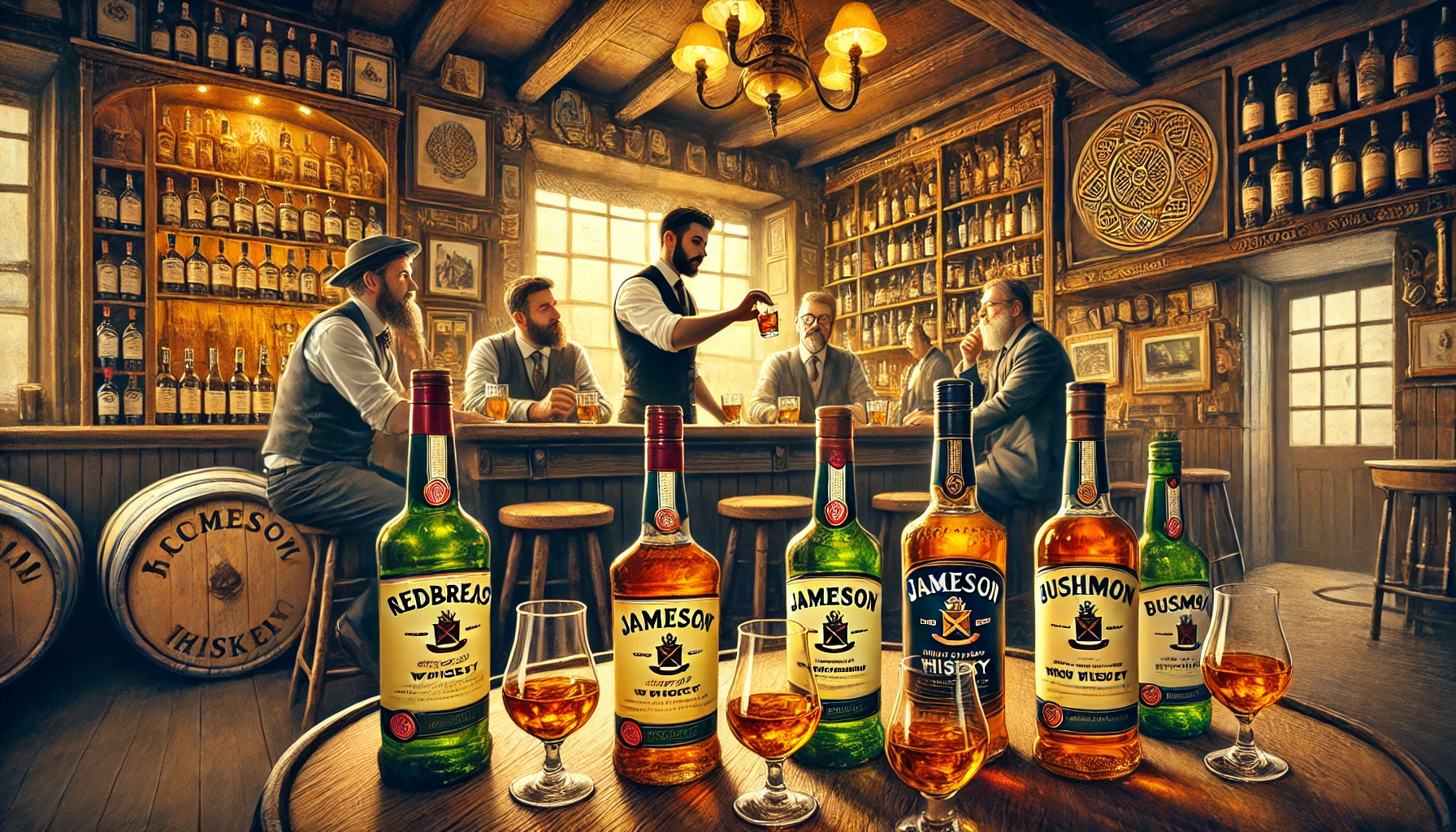 DALL·E 2024-12-24 17.57.21 - A realistic and vibrant depiction of an Irish whiskey tasting scene in a traditional Irish pub. The setting features a rustic wooden bar with a variet