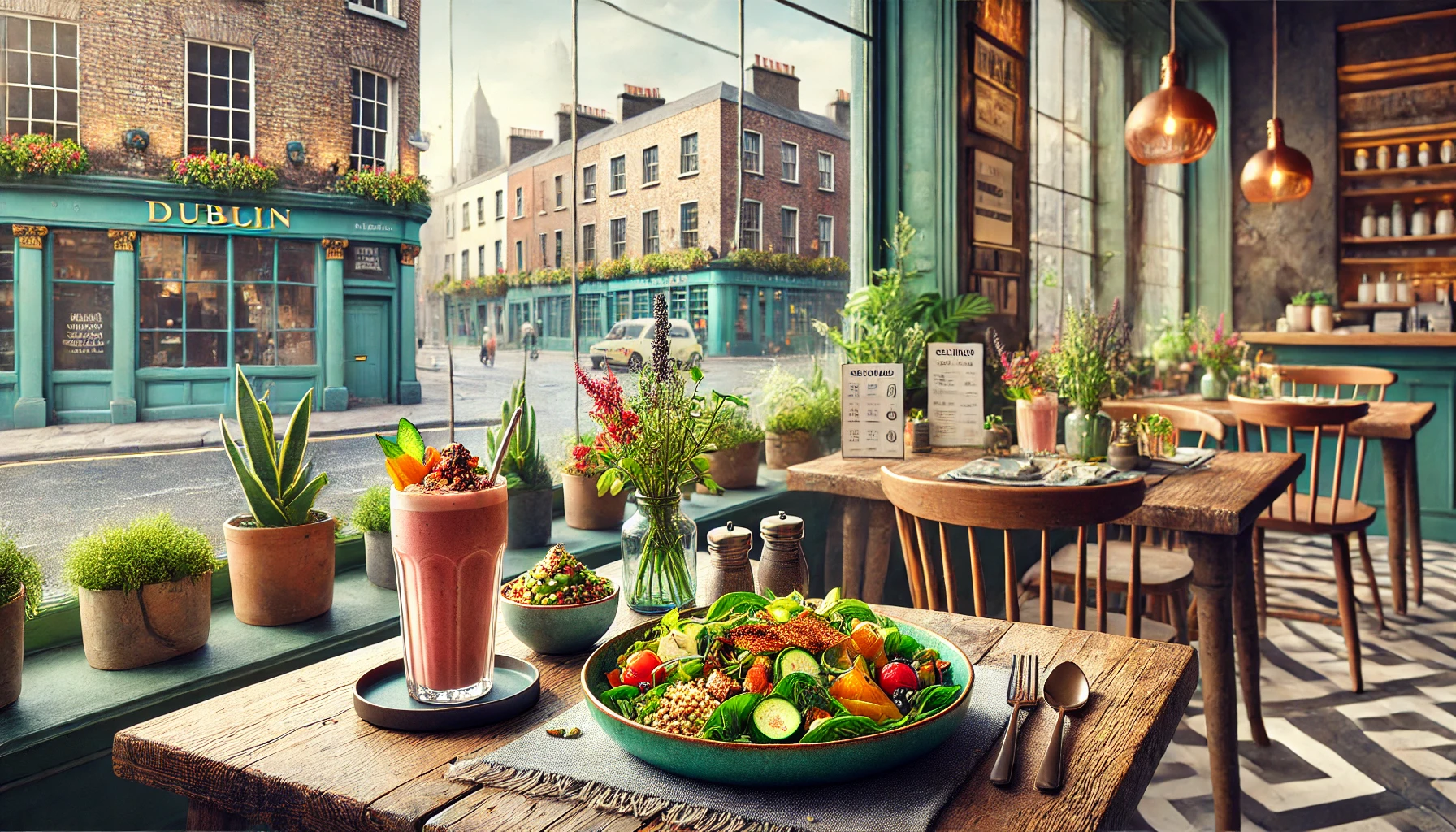 DALL·E 2024-12-27 18.38.33 - A realistic and vibrant depiction of a cozy healthy restaurant in Dublin city centre. The scene includes a beautifully plated salad with fresh greens,