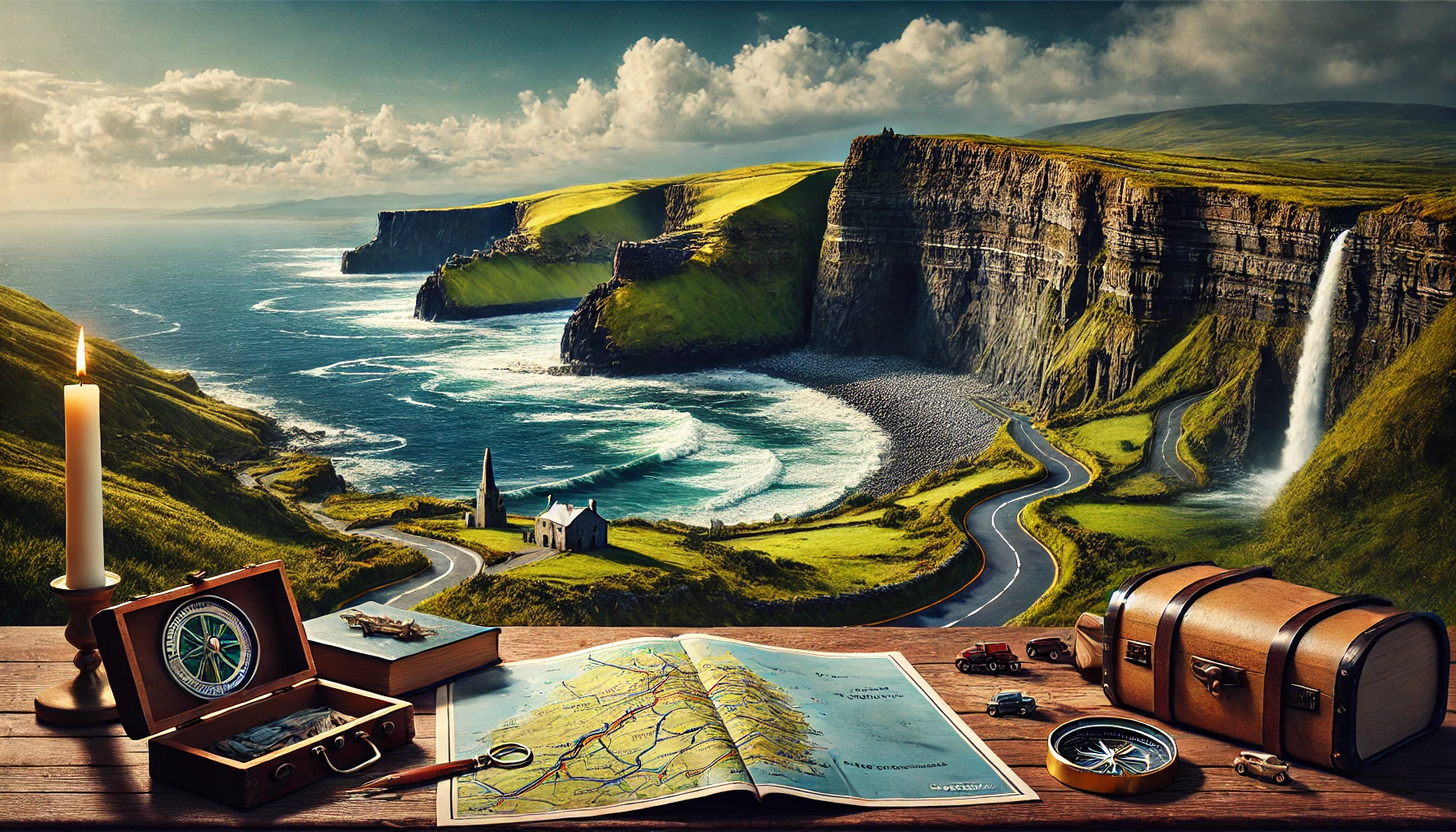 DALL·E 2024-12-27 20.25.11 - A realistic and stunning depiction of the Wild Atlantic Way in Ireland, showcasing its dramatic coastline with towering cliffs, winding roads, and the