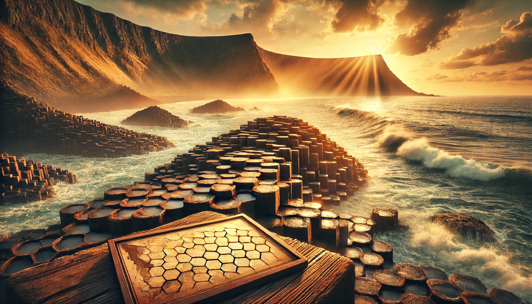 DALL·E 2024-12-28 14.21.41 - A breathtaking and realistic depiction of the Giant's Causeway in Northern Ireland during sunset. The image highlights the iconic hexagonal basalt col