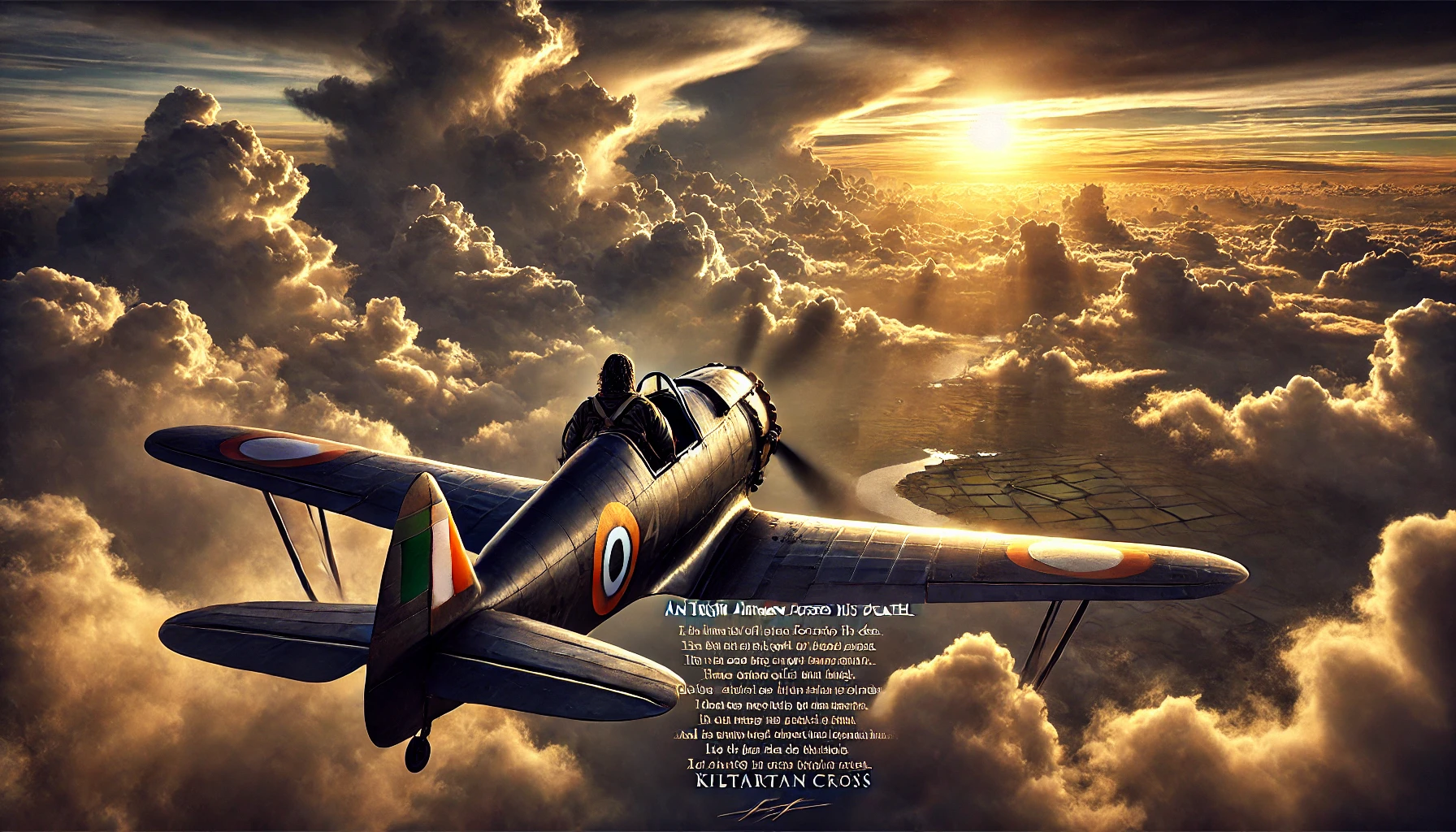 DALL·E 2024-12-28 16.50.43 - A realistic and dramatic depiction of an Irish airman in a vintage World War I fighter plane soaring among tumultuous clouds. The scene captures the s
