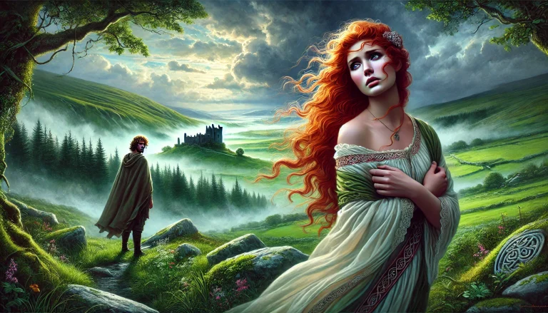 DALL·E 2024-12-28 17.02.43 - A vivid and realistic depiction of Deirdre of the Sorrows from Irish mythology. The scene portrays Deirdre as a tragic Irish heroine, standing in a lu