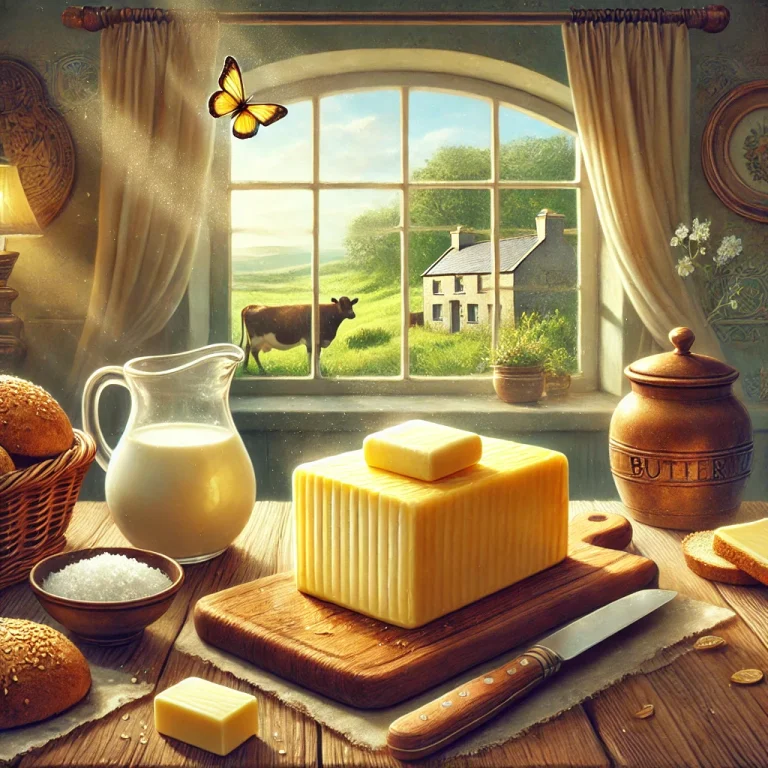 DALL·E 2024-12-30 14.38.01 - A warm and inviting illustration showcasing Irish butter in a traditional setting. The scene features a rustic wooden table with a golden slab of Iris