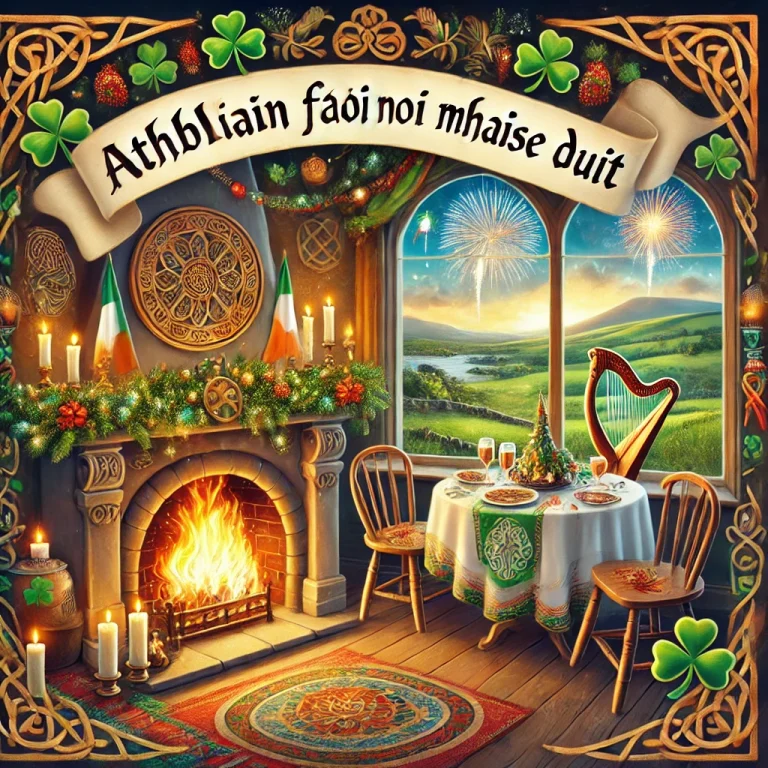 DALL·E 2024-12-30 15.00.41 - A festive and cultural illustration celebrating the phrase 'Happy New Year' in Irish, 'Athbhliain faoi mhaise duit.' The scene features a traditional