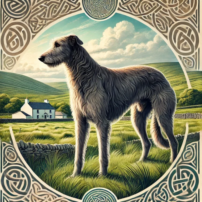DALL·E 2024-12-30 15.10.39 - A majestic and detailed illustration of an Irish Wolfhound standing proudly in an Irish countryside setting. The dog is tall and graceful, with a wiry