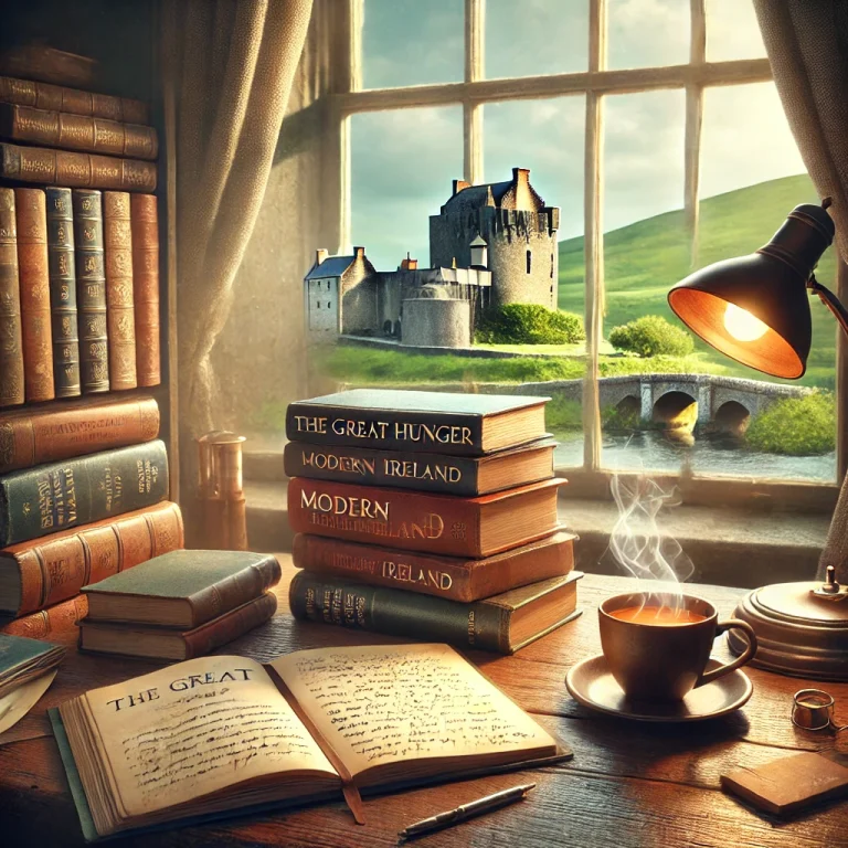 DALL·E 2025-01-01 13.52.56 - A realistic depiction of a cozy study setting focused on Irish history books. The scene includes a wooden desk with a stack of well-worn books like 'T