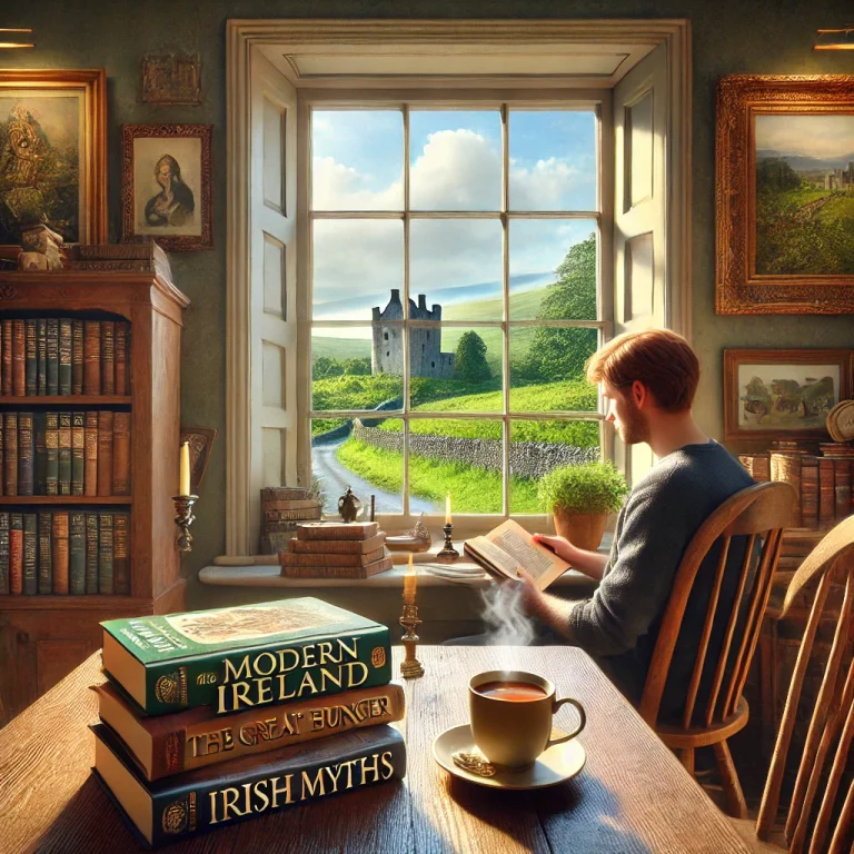 DALL·E 2025-01-01 14.12.22 - A realistic image of a person sitting at a cozy reading nook by a window, immersed in a book about Irish history. The room has a warm ambiance with wo