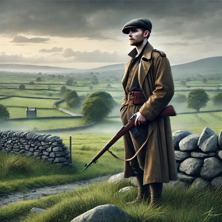 DALL·E 2025-01-01 15.42.16 - A realistic and dramatic depiction of Dan Breen, the Irish revolutionary, standing in a rural Irish countryside. Breen is dressed in early 20th-centur