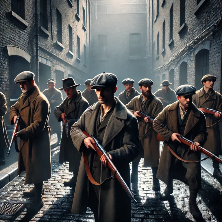 DALL·E 2025-01-01 15.55.40 - A realistic and dramatic depiction of the IRA Squad, also known as 'The Twelve Apostles,' during the Irish War of Independence. The scene shows a grou