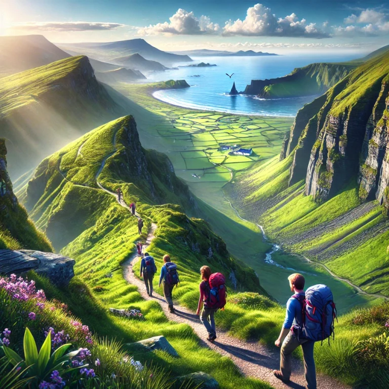 DALL·E 2025-01-10 11.54.26 - A highly realistic image of hikers walking along a scenic trail in Ireland during the best hiking months (May, June, September). The scene features lu