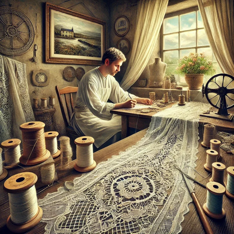 DALL·E 2025-01-14 10.54.04 - A detailed and artistic depiction of a lace artisan in Kenmare, County Kerry, Ireland, meticulously crafting Kenmare lace. The scene shows the artisan