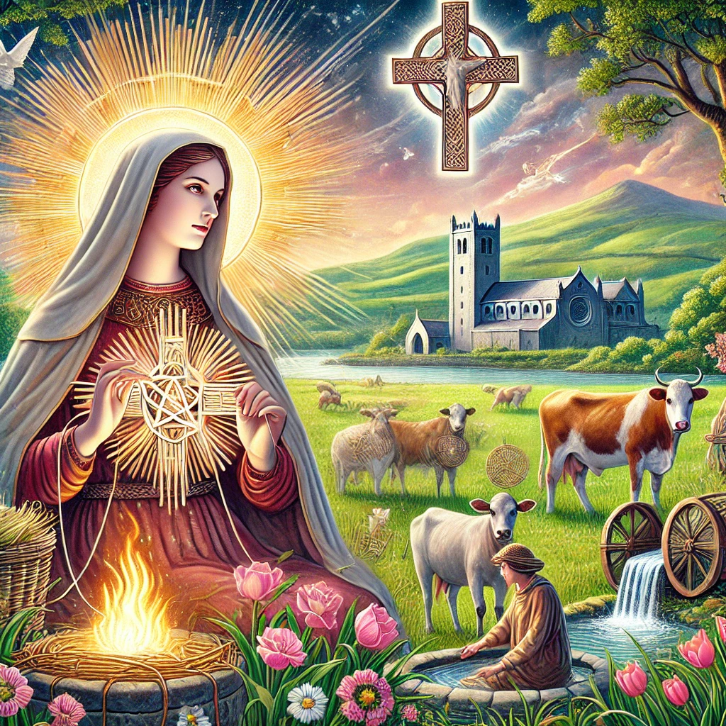 DALL·E 2025-01-16 19.18.07 - A detailed and vibrant illustration of Saint Brigid of Ireland, portrayed as a strong yet compassionate figure, holding a Saint Brigid Cross made from