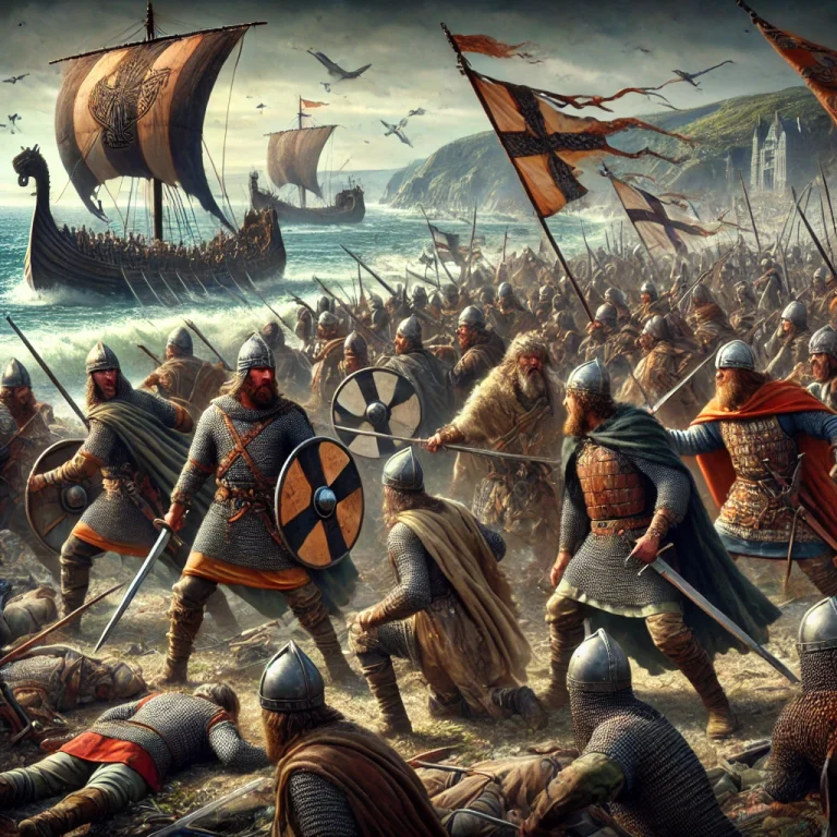 DALL·E 2025-01-20 08.34.19 - A dramatic depiction of the Battle of Clontarf in 1014, set near Dublin Bay, showcasing a fierce battle between Irish warriors and Viking invaders. Th